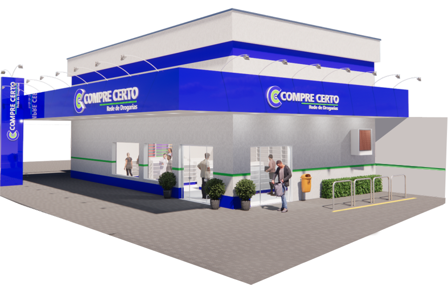 Mockup 3D da fachada de uma drogaria Compre Certo